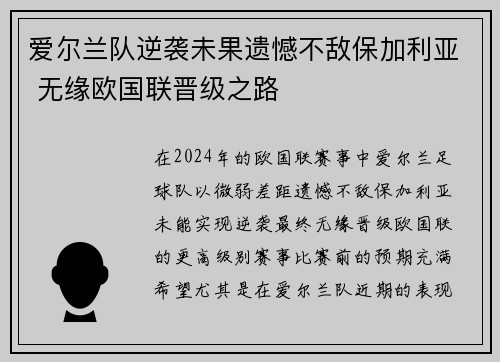 爱尔兰队逆袭未果遗憾不敌保加利亚 无缘欧国联晋级之路