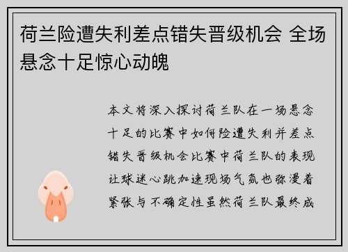 荷兰险遭失利差点错失晋级机会 全场悬念十足惊心动魄