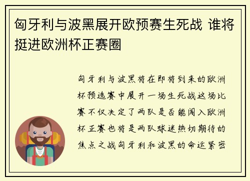 匈牙利与波黑展开欧预赛生死战 谁将挺进欧洲杯正赛圈