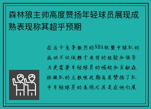 森林狼主帅高度赞扬年轻球员展现成熟表现称其超乎预期