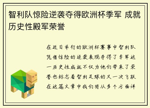 智利队惊险逆袭夺得欧洲杯季军 成就历史性殿军荣誉