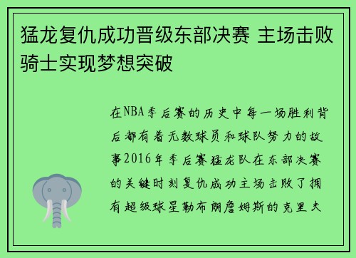 猛龙复仇成功晋级东部决赛 主场击败骑士实现梦想突破