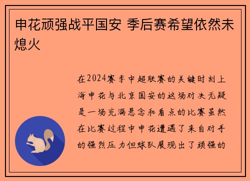 申花顽强战平国安 季后赛希望依然未熄火