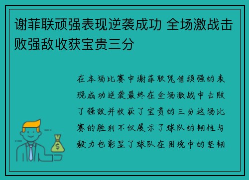 谢菲联顽强表现逆袭成功 全场激战击败强敌收获宝贵三分