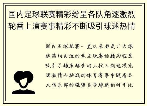 国内足球联赛精彩纷呈各队角逐激烈轮番上演赛事精彩不断吸引球迷热情关注