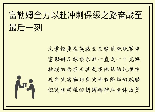 富勒姆全力以赴冲刺保级之路奋战至最后一刻