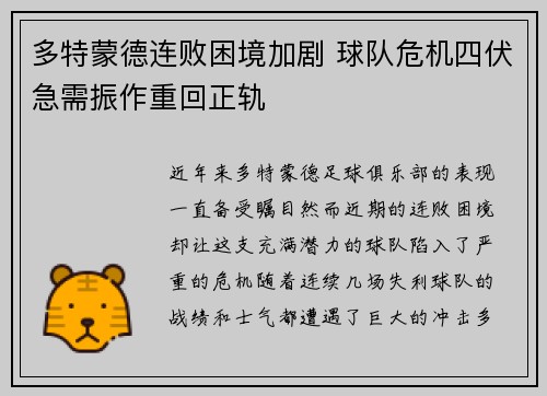 多特蒙德连败困境加剧 球队危机四伏急需振作重回正轨