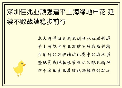 深圳佳兆业顽强逼平上海绿地申花 延续不败战绩稳步前行